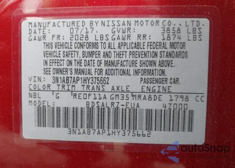 2017 Nissan Sentra Sr z USA, uszkodzony, nr VIN 3N1AB7AP1HY375662